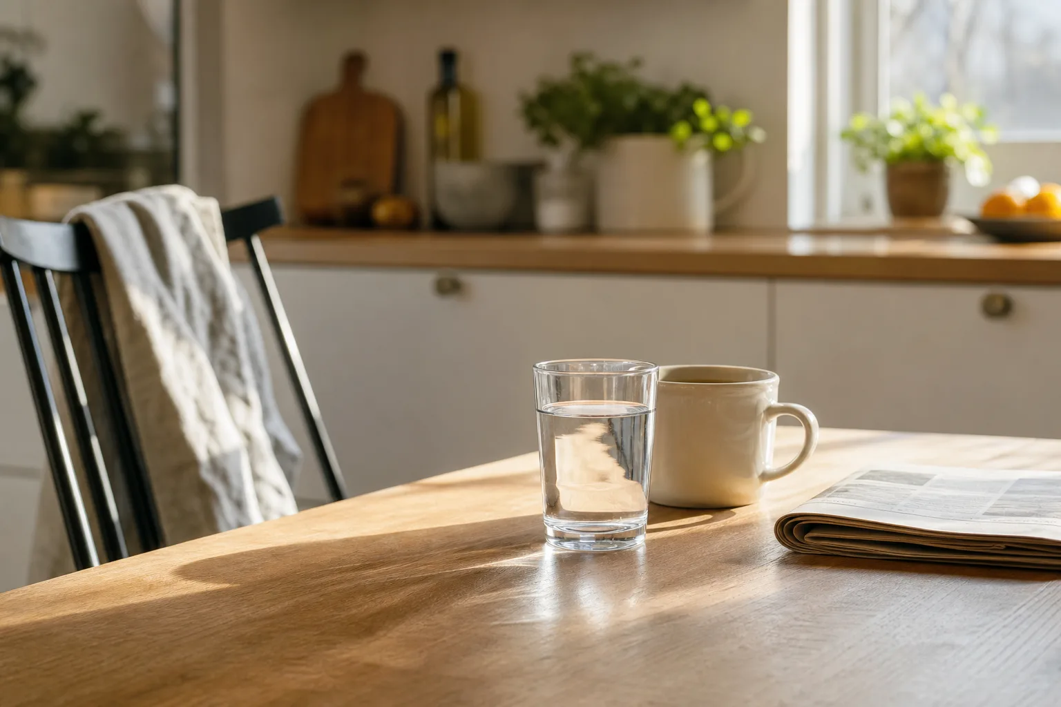 Ett fyllt vattenglas och en kaffekopp står på ett köksbord i morgonljus