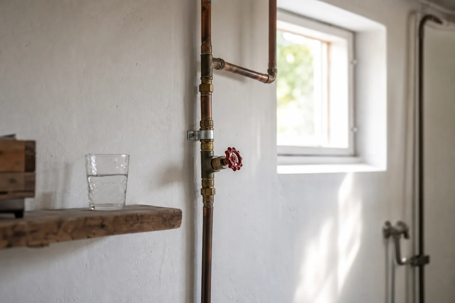 Pannrum i en svensk villa där inkommande vattenrör går längs väggen, med ett kalkat vattenglas på hyllan