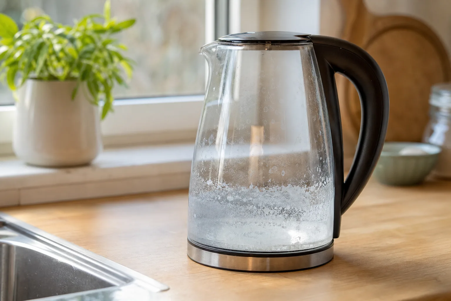 Vattenkokare av glas med vita kalkavlagringar synliga längs bottnen i ett svenskt kök