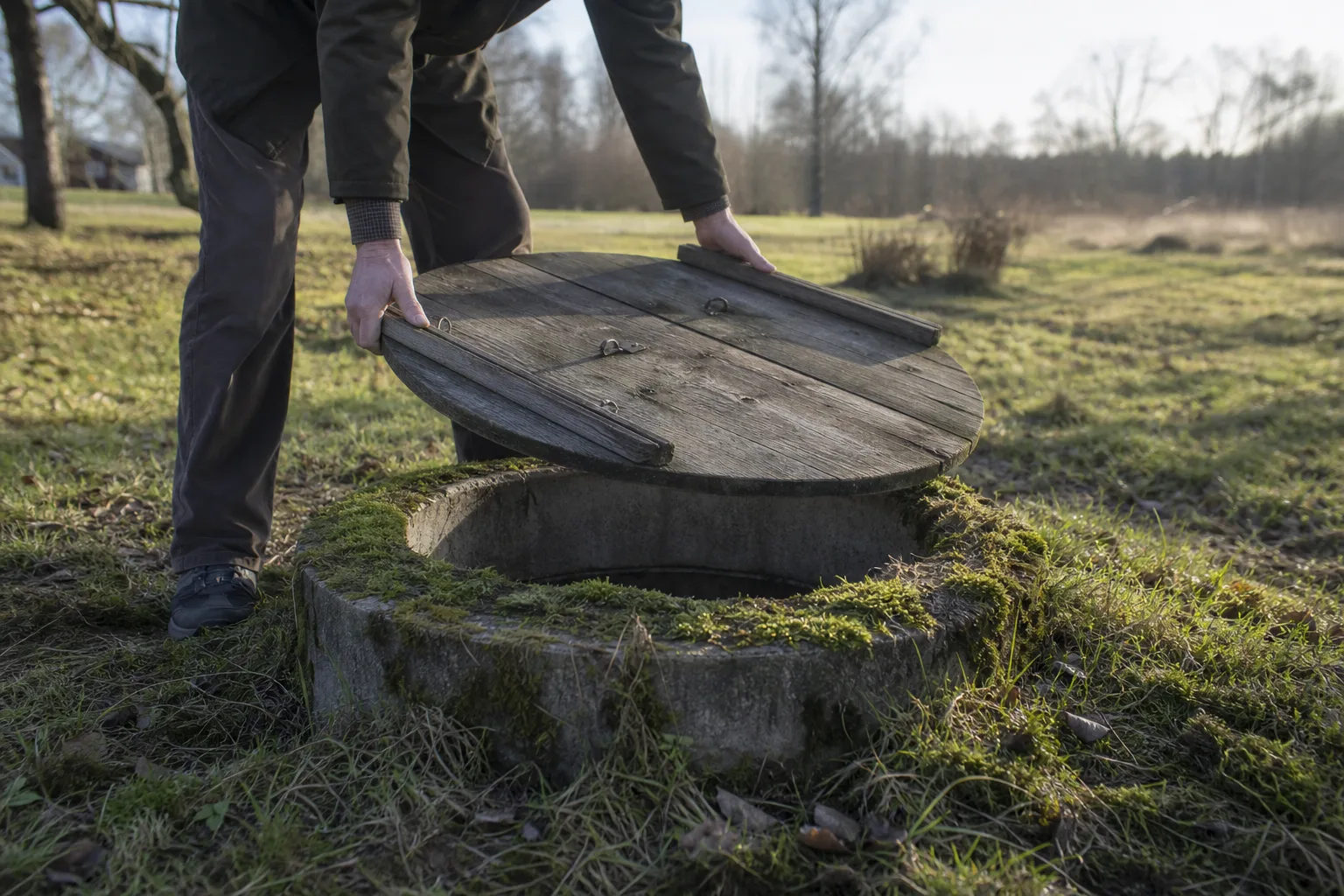 Brunnslock av trä som lyfts av en betongbrunn på en tomt på den svenska landsbygden