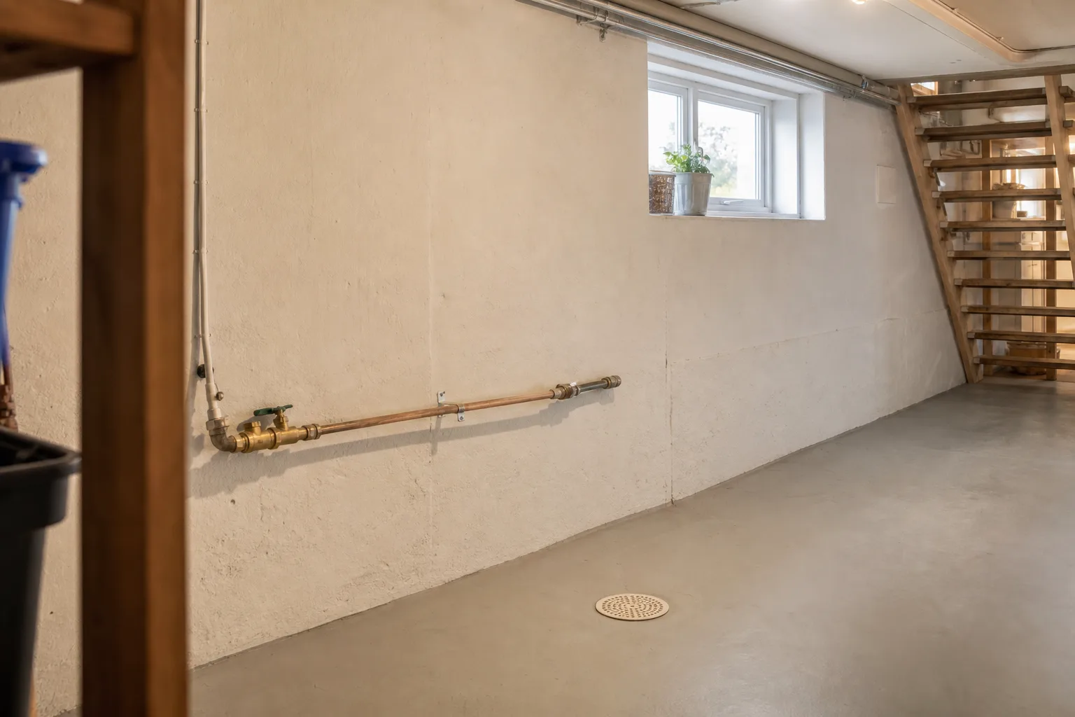 Teknikutrymme i en svensk villakällare med inkommande vattenrör längs väggen