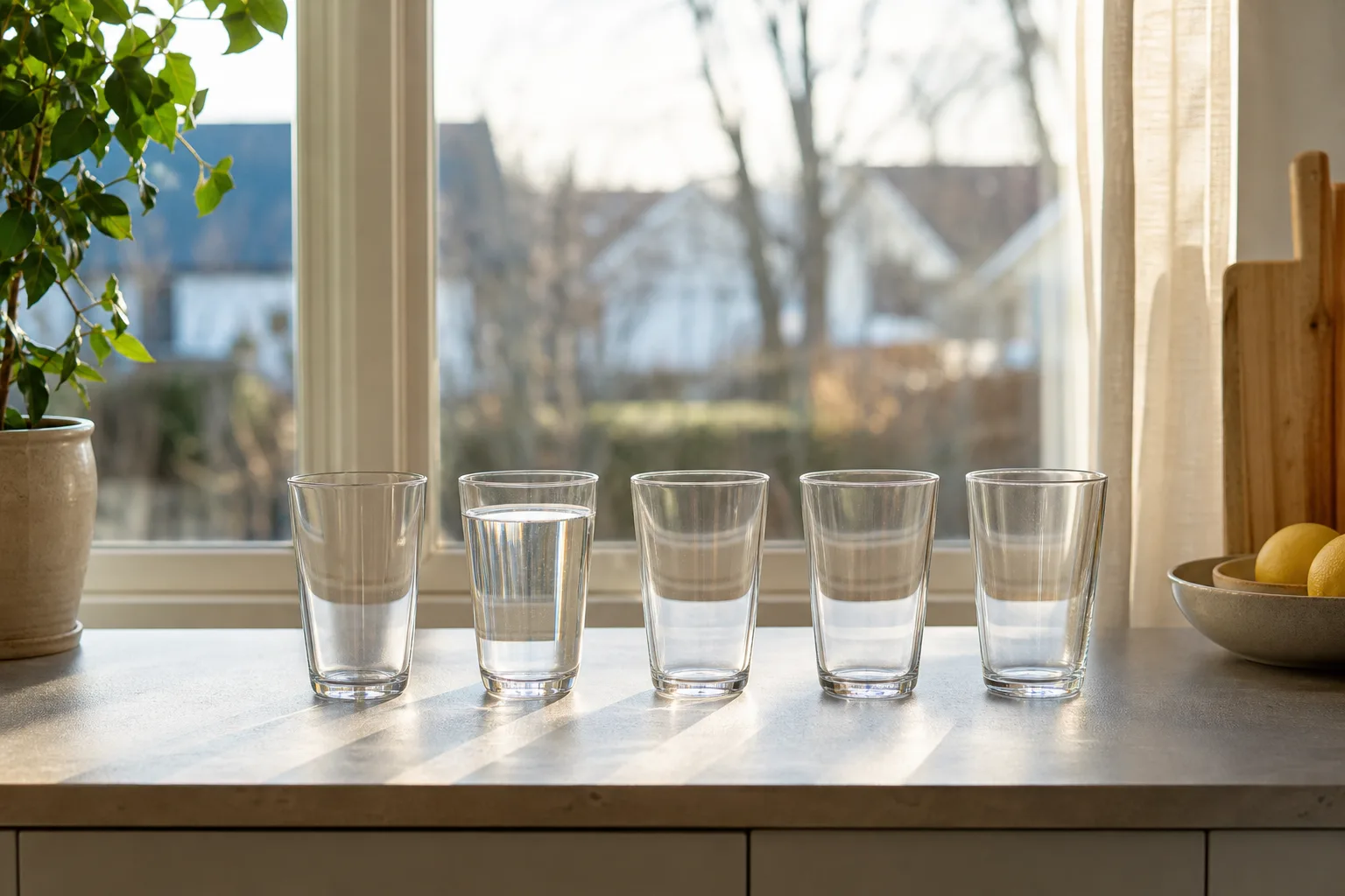 Rad med vattenglas på en köksbänk framför ett fönster i förmiddagsljus
