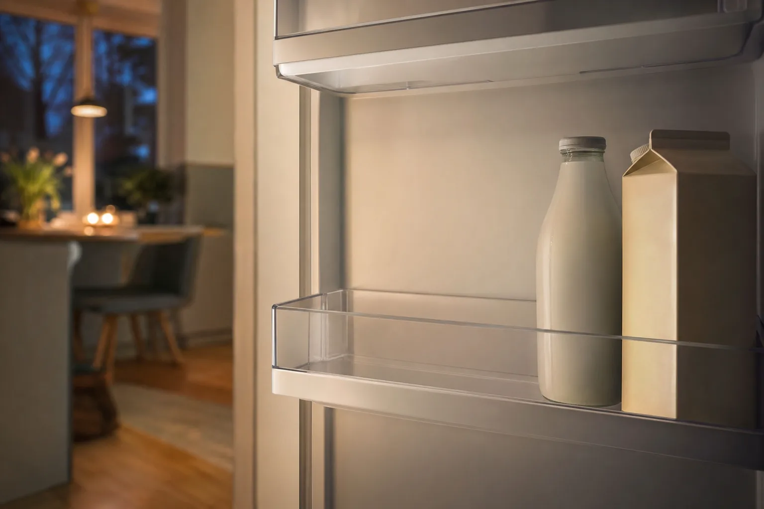 Öppen kylskåpsdörr i ett svenskt kök med ledig plats i dörrfacket bredvid mjölk och juice