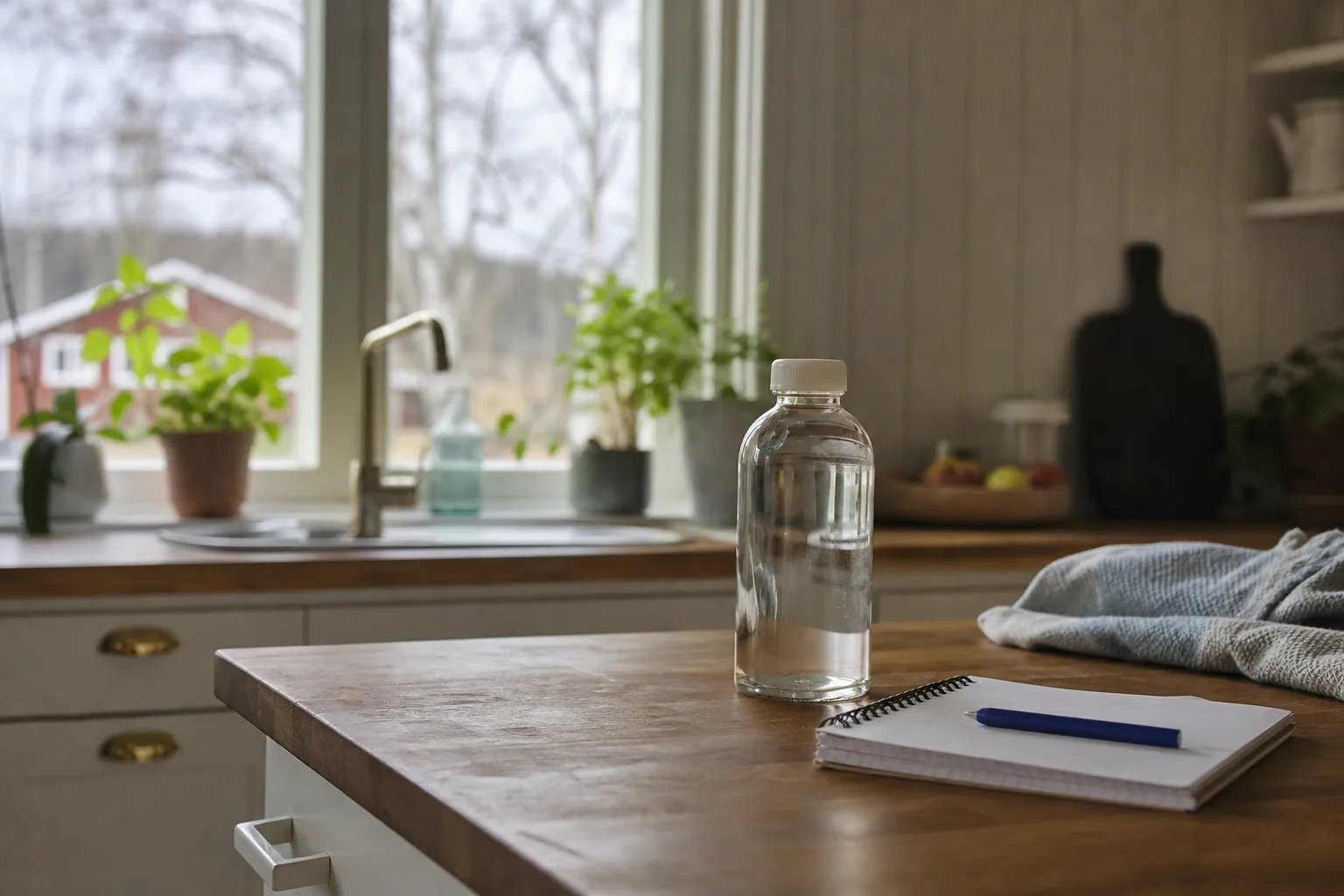 Vattenprov i provflaska på en köksbänk i ett hus på landet, med anteckningar bredvid