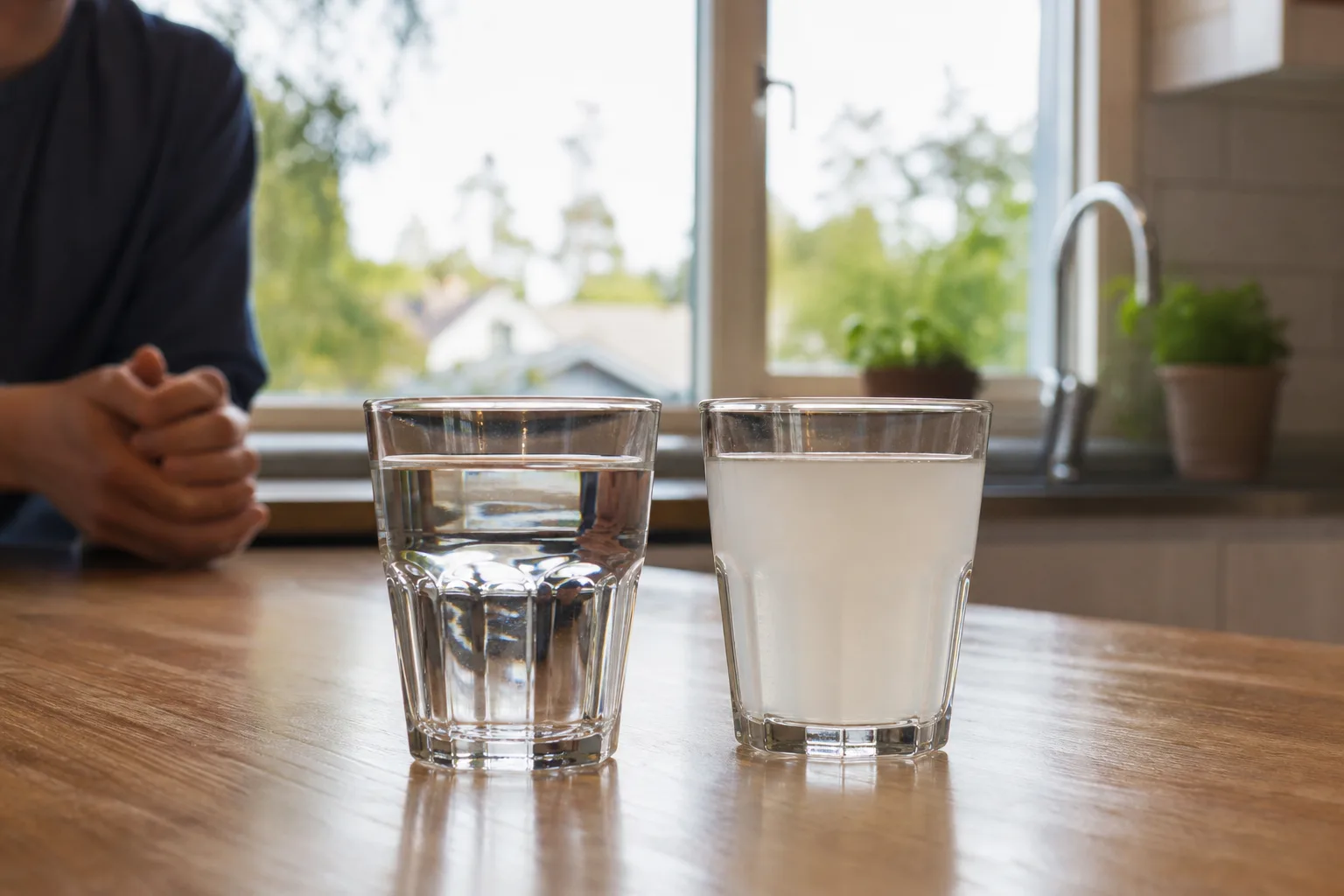 Två vattenglas sida vid sida på en köksbänk, det ena med klart vatten och det andra synligt disigt