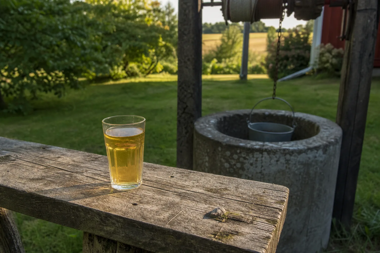 Glas med gulbrunt, tefärgat vatten som står på en trädgårdsbänk nära en gammal brunn på landet
