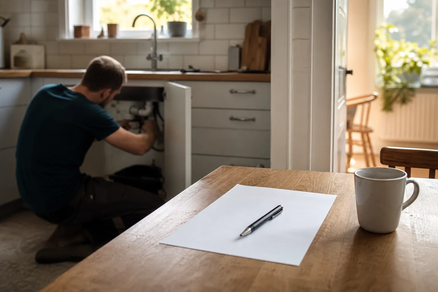 En checklista och en penna på ett köksbord i ett svenskt kök, i bakgrunden ett öppet skåp under diskbänken med rör synliga