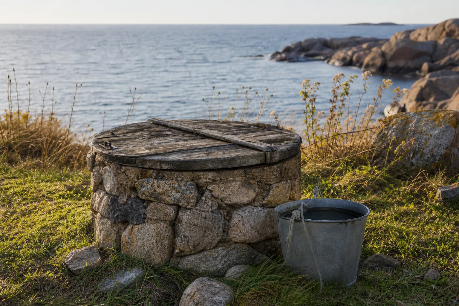 Gammal brunn av natursten nära en klippstrand på den svenska västkusten med havet synligt i bakgrunden