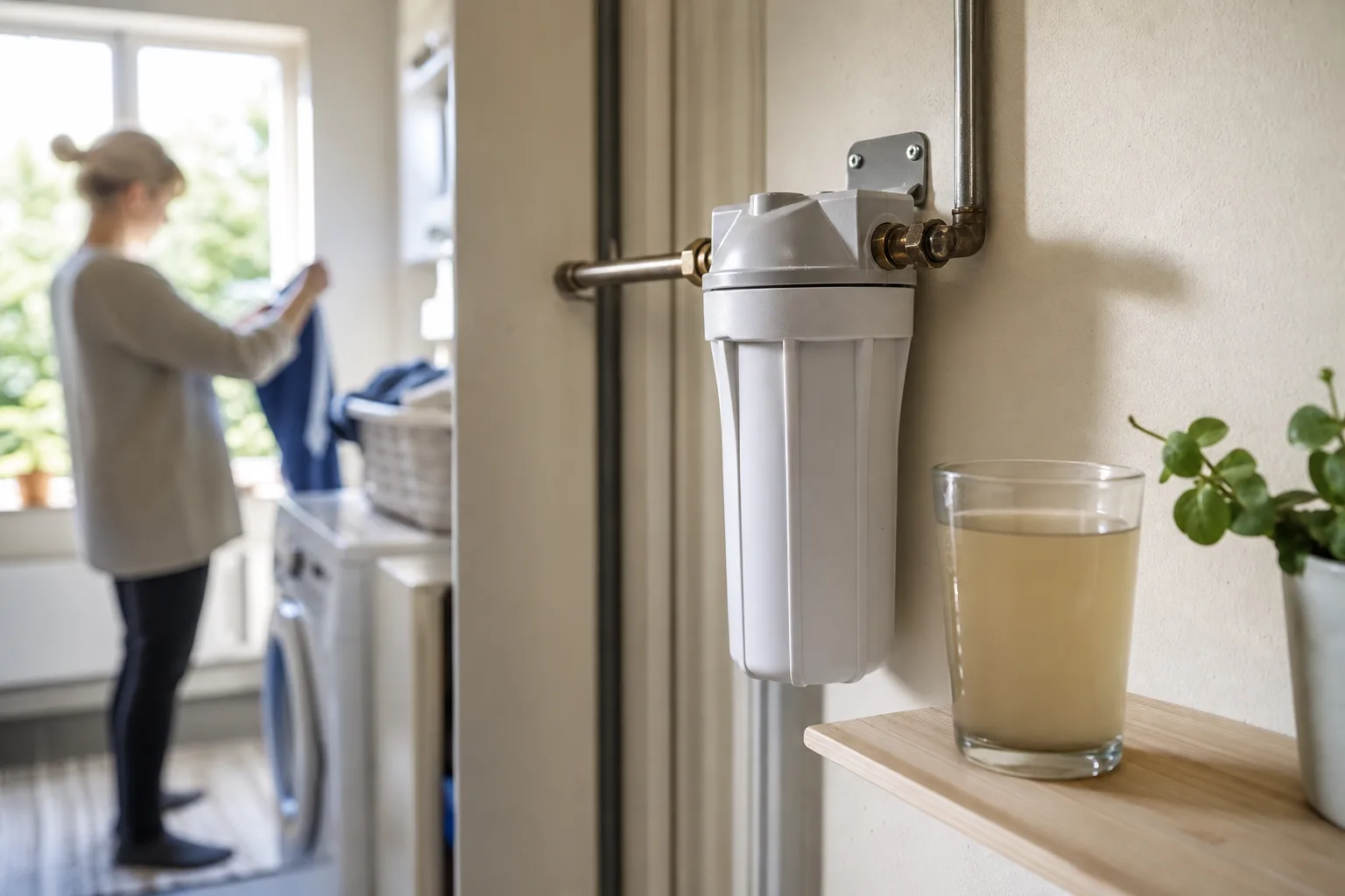 Ett obrandat filterhus monterat på ett rör i en svensk tvättstuga, med ett glas synligt grumligt vatten på en hylla intill