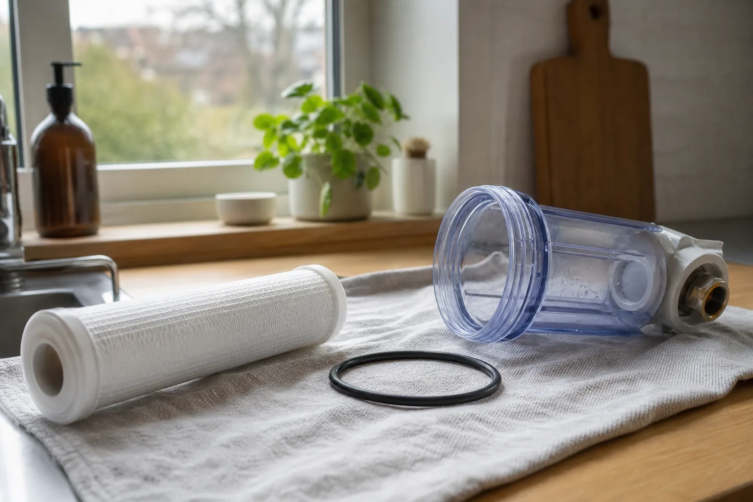 En ny gummipackning och en oanvänd filterpatron ligger sida vid sida på en kökshandduk bredvid ett öppnat filterhus på en bänkskiva