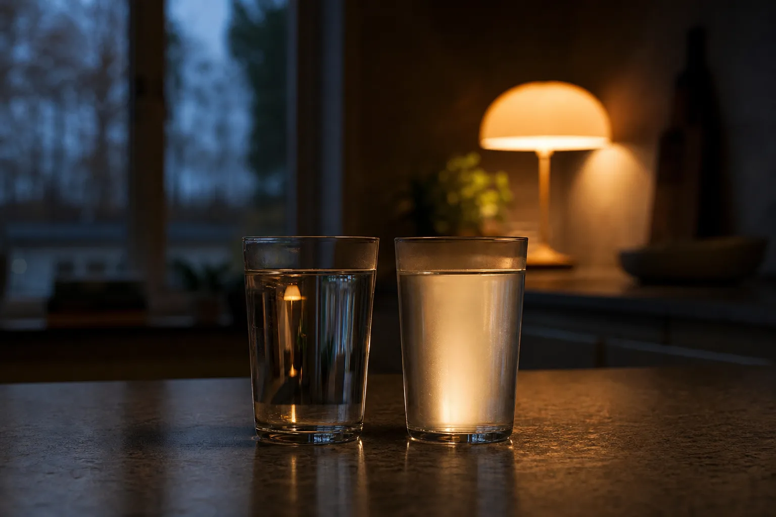 Två glas vatten i lampljus på en köksbänk, det ena klart och det andra svagt disigt