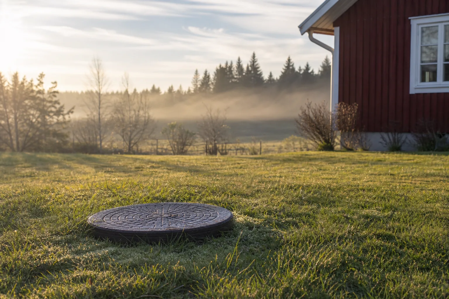 Brunnslock av metall i en gräsmatta framför ett rött trähus på den svenska landsbygden