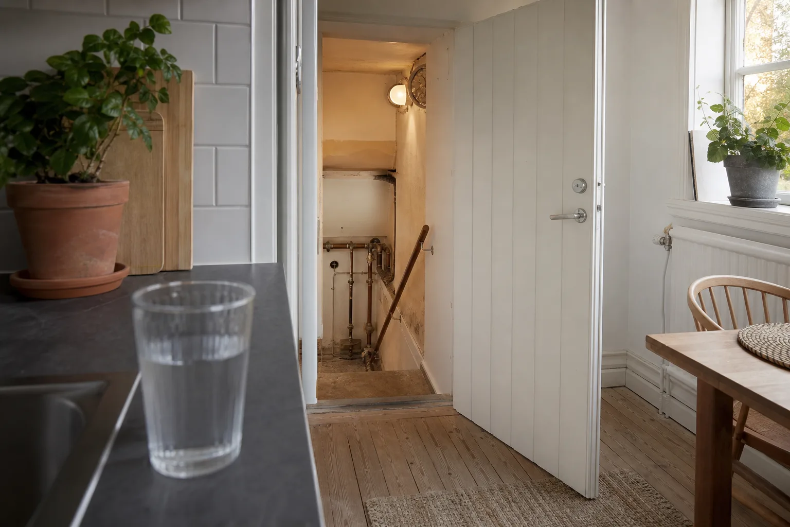 Svenskt kök med ett vattenglas på bänken och en öppen dörr mot en källartrappa i bakgrunden