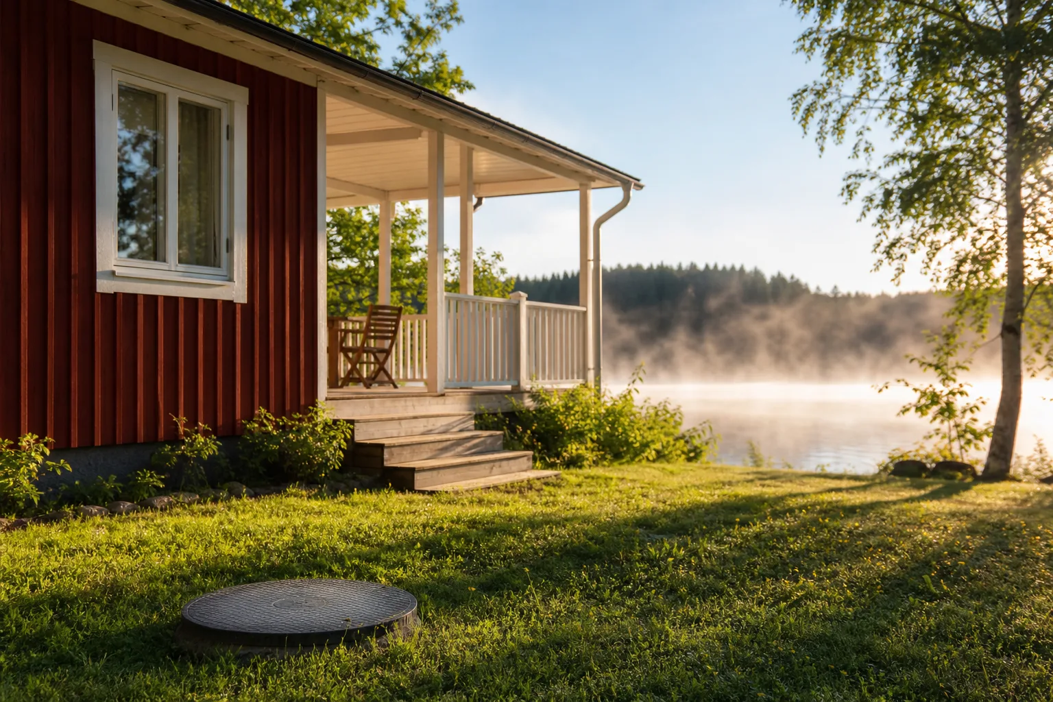Svenskt fritidshus vid en sjö med brunnslock synligt i gräset framför verandan
