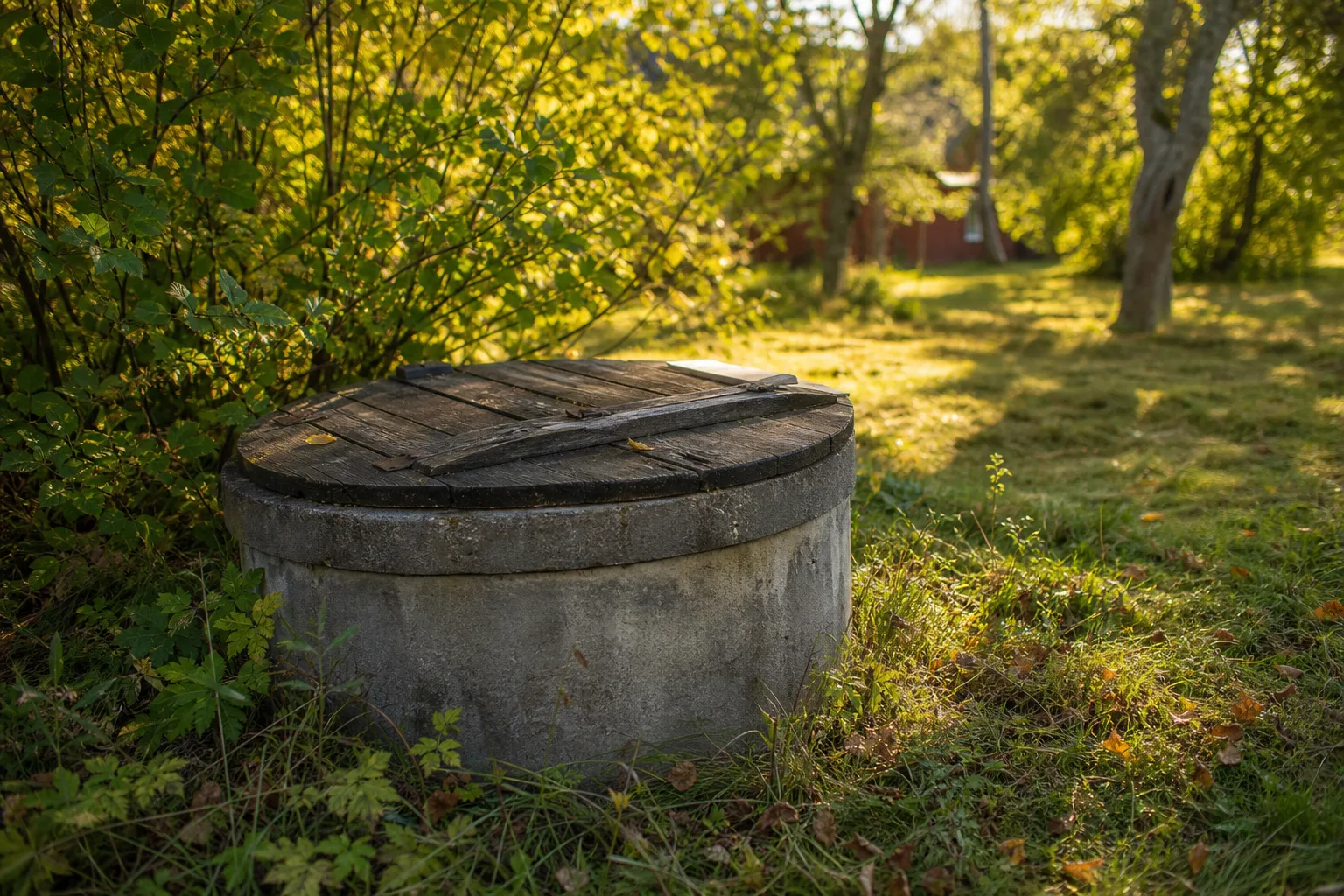 Grävd brunn med betongringar och trälock i en trädgård på den svenska landsbygden