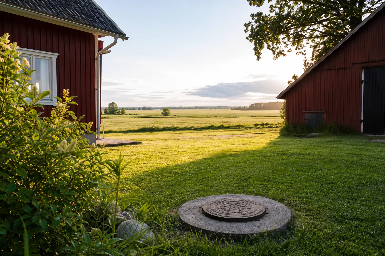 Gårdsbrunn med lock i gräsmattan mellan ett rött bostadshus och en ekonomibyggnad på landsbygden
