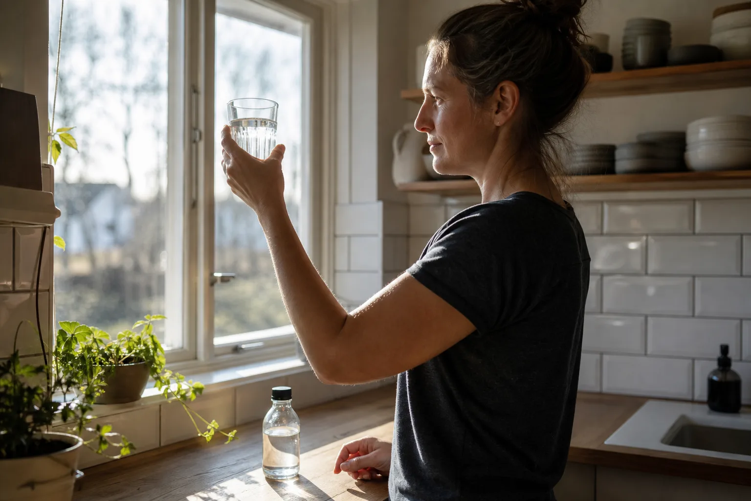 Ett glas vatten hålls upp mot ljuset vid ett köksfönster, med en märkt provflaska på bänken bredvid