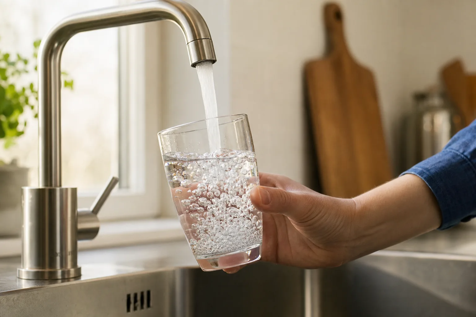 Rinnande vatten fyller ett glas under en kökskran i dagsljus
